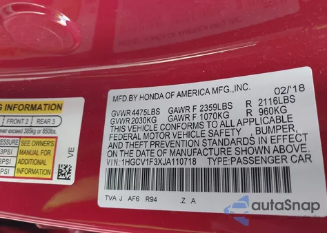 2018 Honda Accord Sport z USA, uszkodzony, nr VIN 1HGCV1F3XJA110718